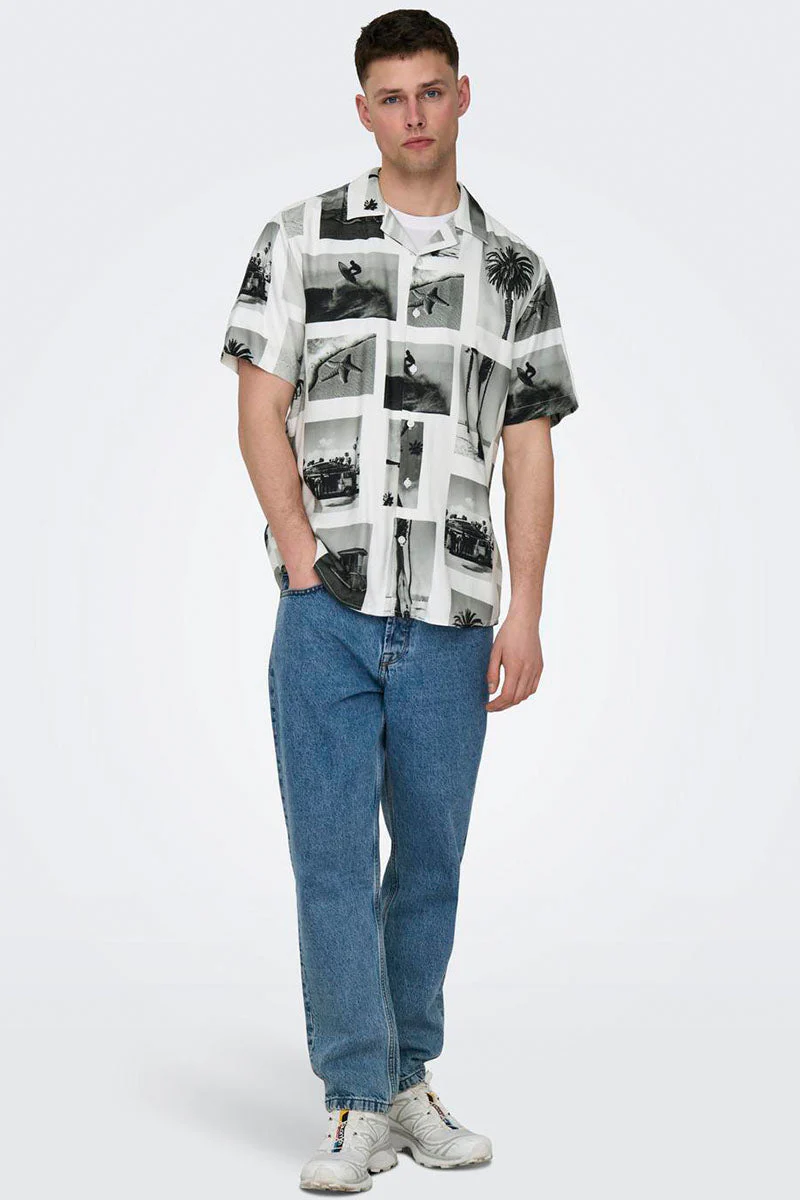 ONLY & SONS Nano Regular Cotton Viscose SS AOP Shirt Bright White – Image 3