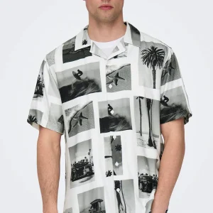 ONLY & SONS Nano Regular Cotton Viscose SS AOP Shirt Bright White