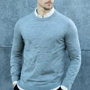 Selected Tray LS Merino Knit Crew Neck Medium Grey Melange