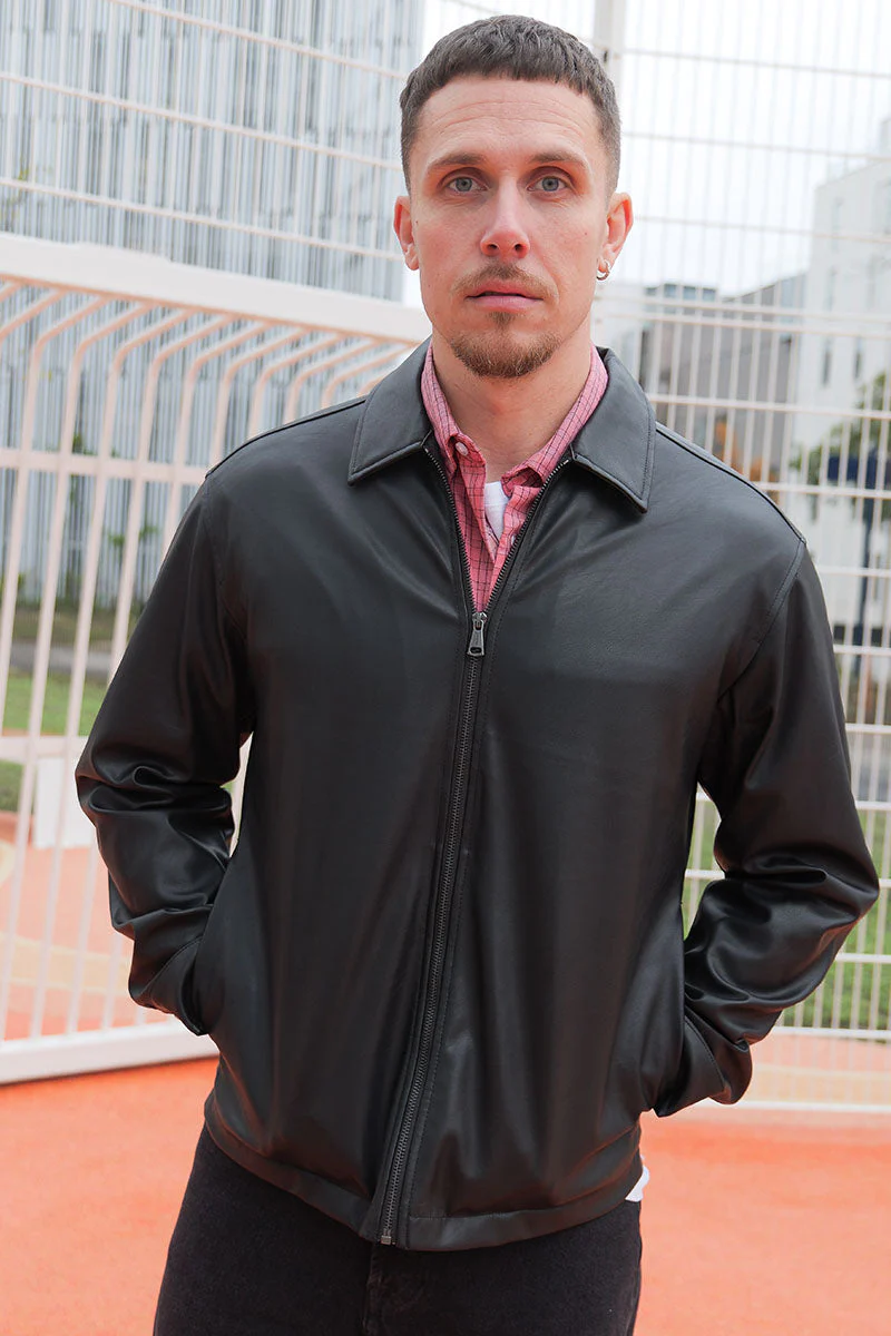 Jack & Jones Party PU Zip Overshirt Black – Image 3