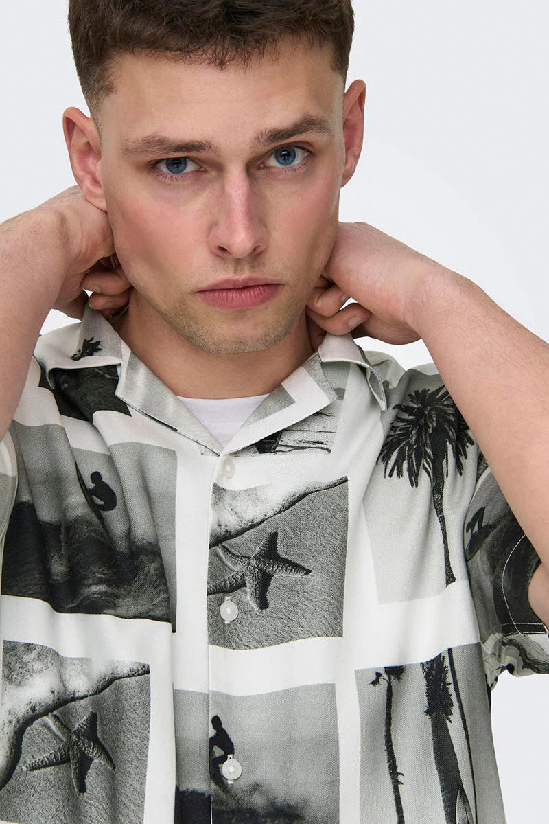 ONLY & SONS Nano Regular Cotton Viscose SS AOP Shirt Bright White – Image 4