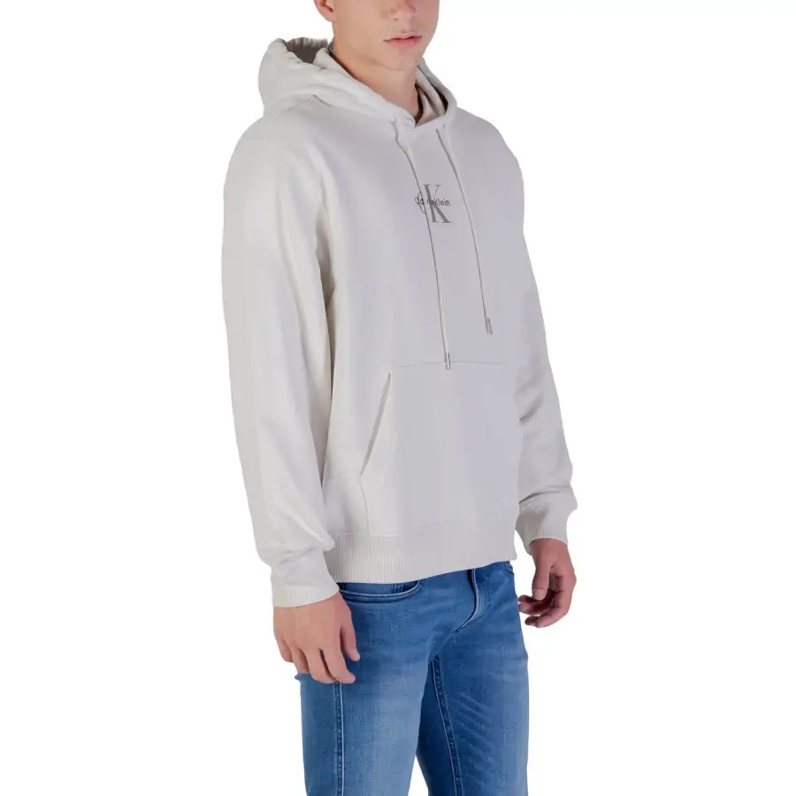 Beige Calvin Klein Jeans Long Hooded Mens Sweatshirt with Pocket – Image 4