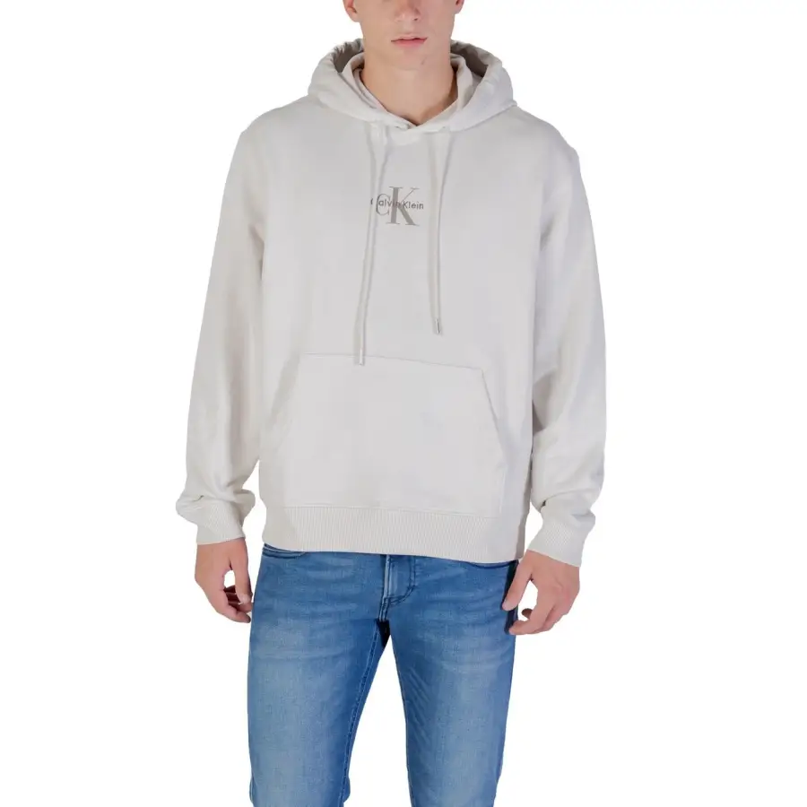 Beige Calvin Klein Jeans Long Hooded Mens Sweatshirt with Pocket