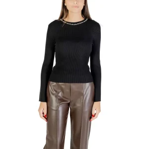 Black Long Round Neck Women Knit Sweater with Rhinestones (Pull noir à col rond pour femmes avec strass)