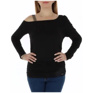 Black Off Shoulder Long Sleeve Top with Embellished Strap (Top à manches longues à épaules découvertes avec bretelles embellies)