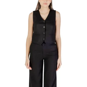 Black Sleeveless Linen Viscose V Neck Gilet with Front Pockets