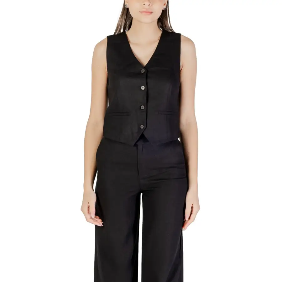 Black Sleeveless Linen Viscose V Neck Gilet with Front Pockets – Image 2