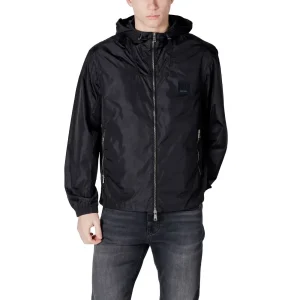 Black Ziped Hooded Long Blazer with Front Pockets by Armani Exchange
