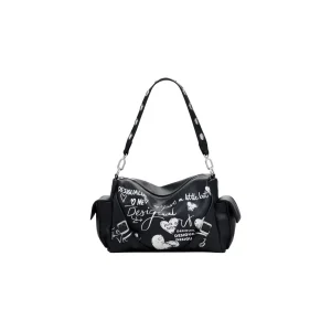 Desigual Black Print Zip Handbag with Pockets and Shoulder Strap