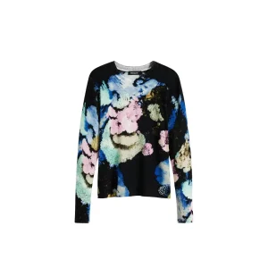 Desigual Blue Floral Round Neck Long Knit Sweater