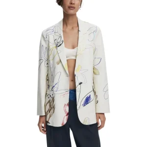 Desigual White Floral V Neck Women Blazer Fall Winter