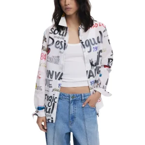 Desigual Blanc Chemisier en coton classique à manches longues imprimé