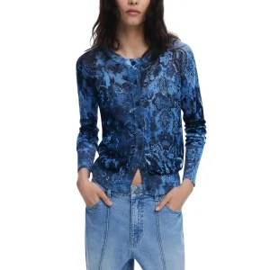 Desigual Women Blue Floral Round Neck Long Cardigan