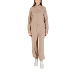 Ea7 Women Beige Cotton Blend Long Jumpsuit with Zip and Front Pockets (Combinaison longue en coton mélangé beige avec fermeture éclair et poches sur le devant)