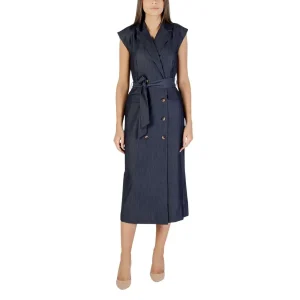 Ichi Blue Sleeveless V Neck Dress with Belt for Fall Winter (Robe sans manches à col en V avec ceinture pour l'automne et l'hiver)