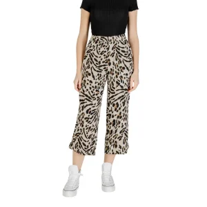 Ichi Women Beige Leopard Viscose Trousers Spring Summer