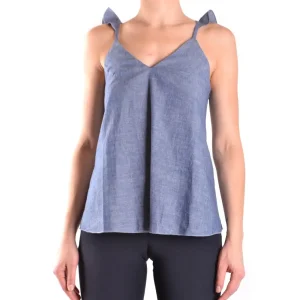Dondup Women Blue Cotton Low Cut V Neck Tank Top (Débardeur en coton à encolure en V)