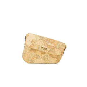 Beige Map Patterned Crossbody Bag With Brown Strap (Sac à bandoulière avec motif de carte)